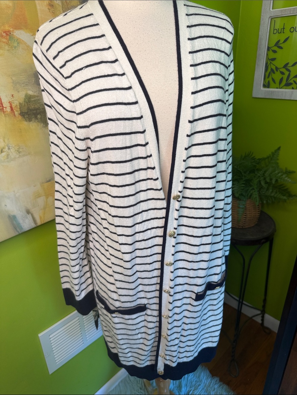 Talbots Navy and White Striped Lightweight Cardigan with Gold Buttons